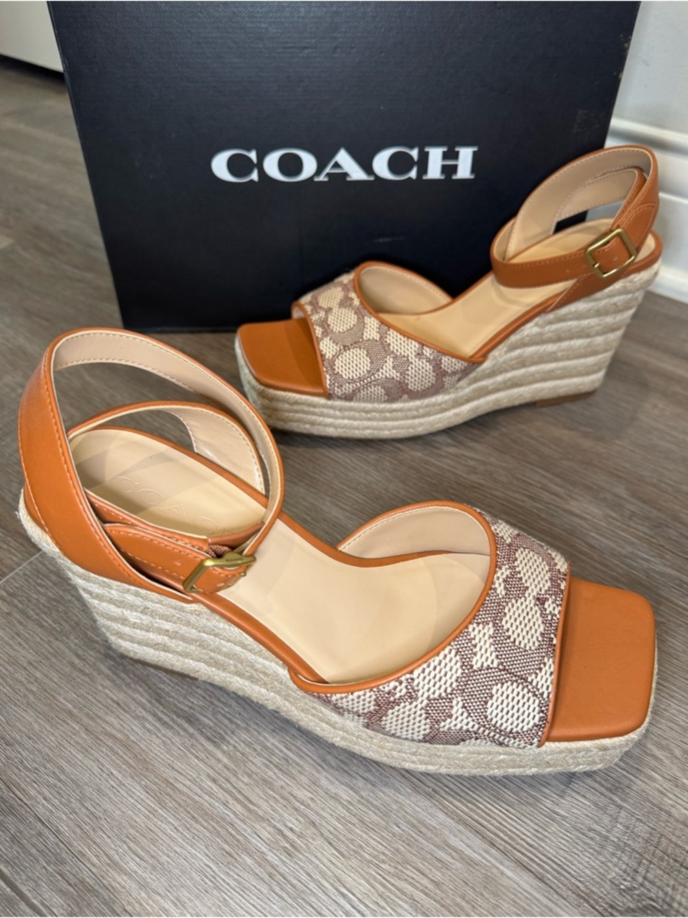 Coach Signature Logo Textile Jacquard Cocoa Burnished Sandal Wedges